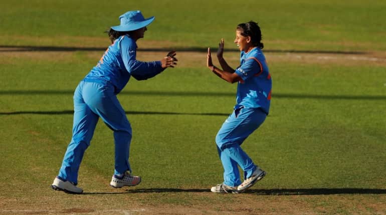 India's Poonam Yadav celebrates wicket with Mithali Raj
