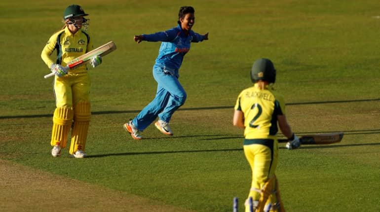 India's Deepti Sharma celebrates wicket of Australia's Alex Blackwell.