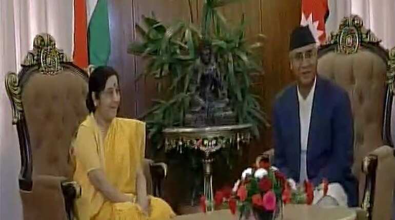 Sushma Swaraj in Nepal for BIMSTEC meet, meets PM Sher Bahadur Deuba