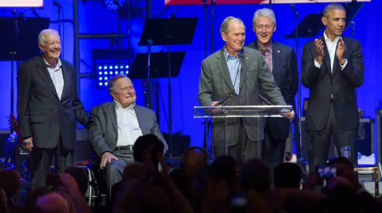 Five former US presidents share the stage at hurricane benefit concert