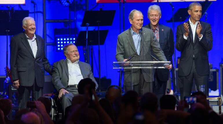 Five former US presidents share the stage at hurricane benefit concert