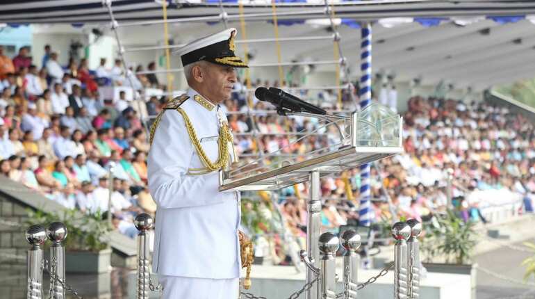 Admiral Sunil Lanba, Chairman Chiefs of Staff Committee addresses and congratulates the passing out courses