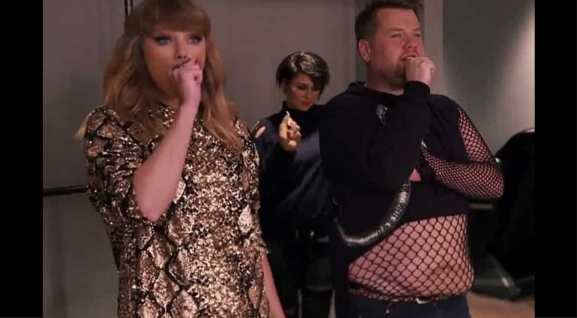 Watch: James Corden dance with Taylor Swift in fishnet suit for the first time! Watch: James Corden dance with Taylor Swift in fishnet suit for the first time!