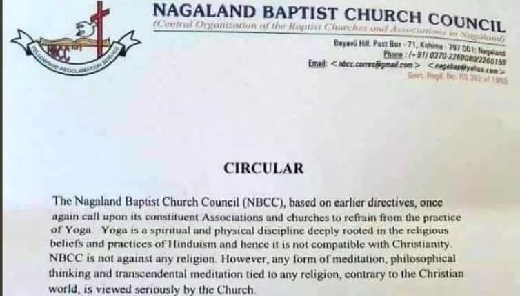 Nagaland church council tells followers 'yoga not compatible with Christianity' Nagaland church council tells followers 'yoga not compatible with Christianity'