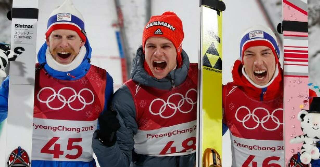 Norway's Robert Johansson, Germany's Andreas Wellinger, and Norway's Johann Andre Forfang.