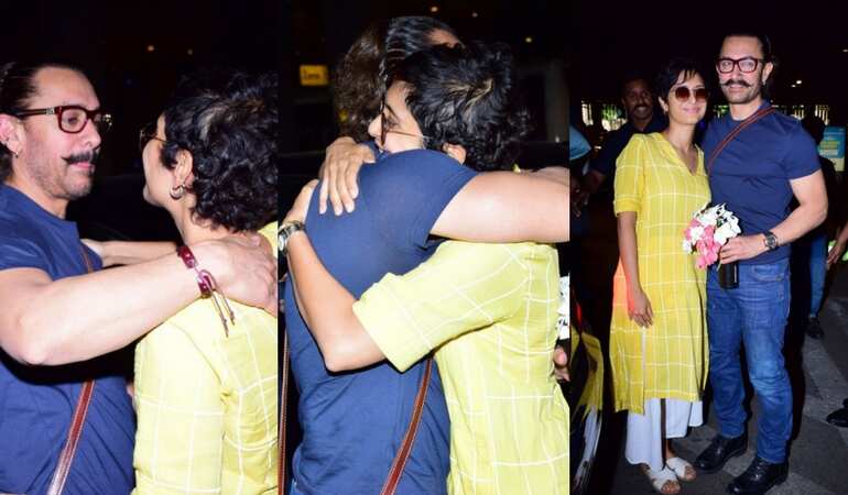 Aamir Khan's birthday: Kiran Rao greets actor with flowers, hugs and kisses at the airport; see pics Aamir Khan's birthday: Kiran Rao greets actor with flowers, hugs and kisses at the airport; see pics