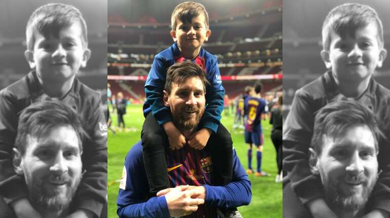 Lionel Messi with his elder son Thiago Messi.