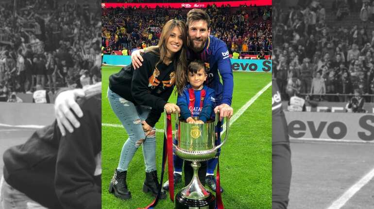 Lionel Messi and Antonella Roccuzzo with Tiago.