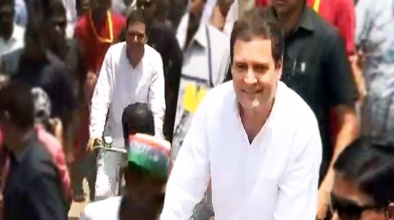 Watch: Rahul rides cycle in Karnataka to protest fuel prices, gives speech from bullock cart