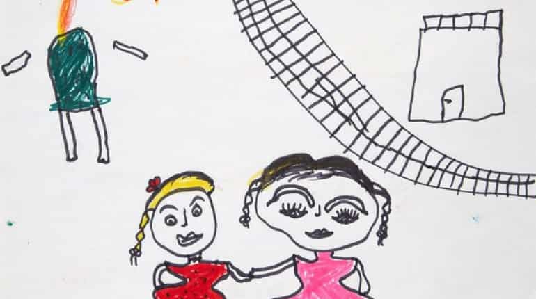 A drawing of two siblings fleeing