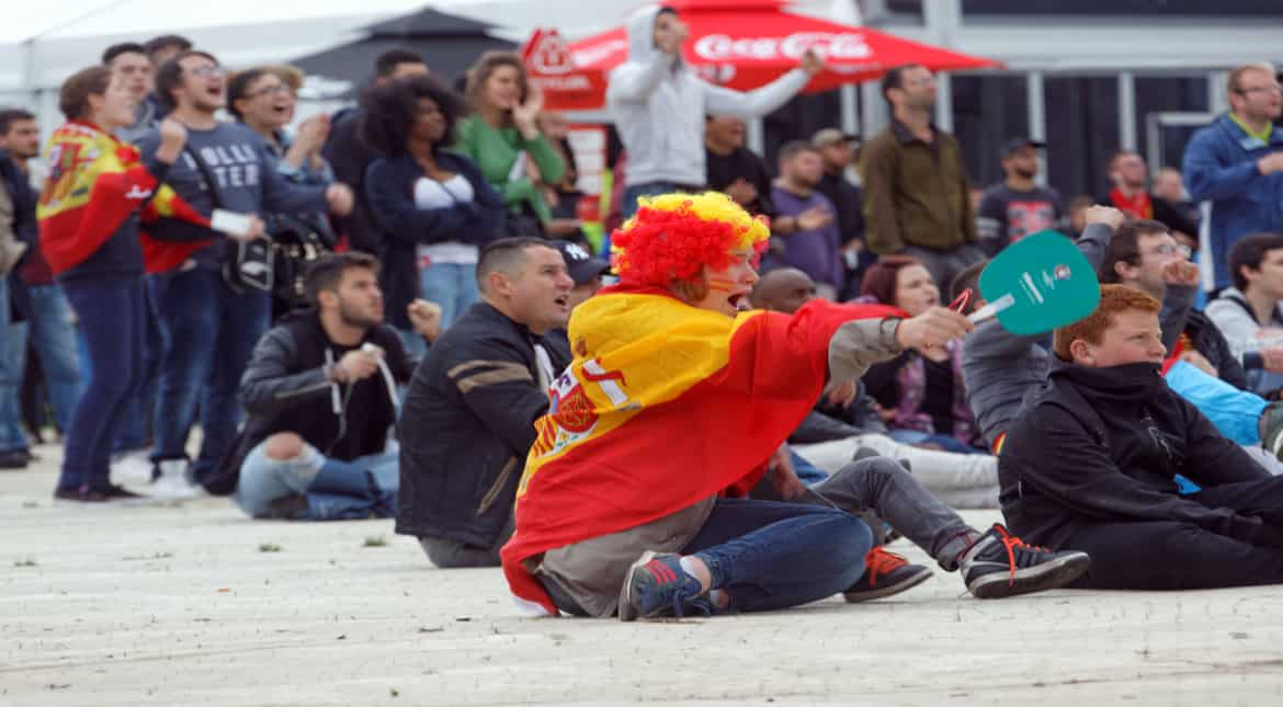 Fans watch the live broadcast of the UEFA Euro 2016 match between Spain and Czech Republic in Lille Fan Zone on June 13, 2016 in Lille, France. (Photo by Sylvain Lefevre/Getty Images)