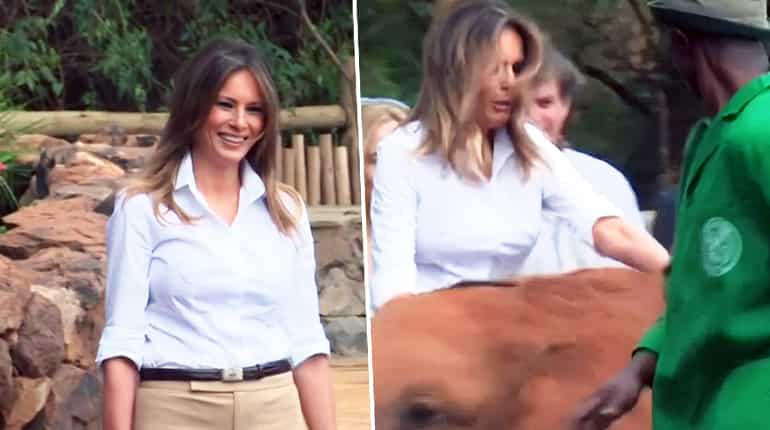 Melania Trump nearly knocked over by baby elephant in Kenya