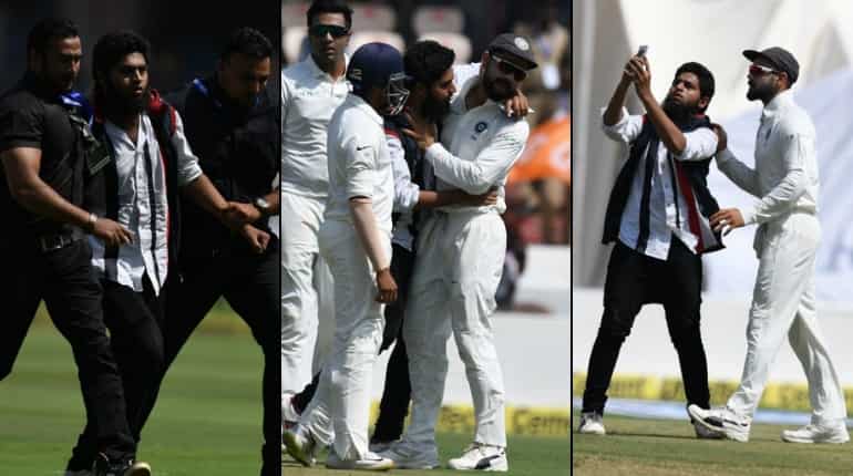 WI vs Ind, 2nd Test: Male fan invades pitch, tries to kiss Virat Kohli WI vs Ind, 2nd Test: Male fan invades pitch, tries to kiss Virat Kohli