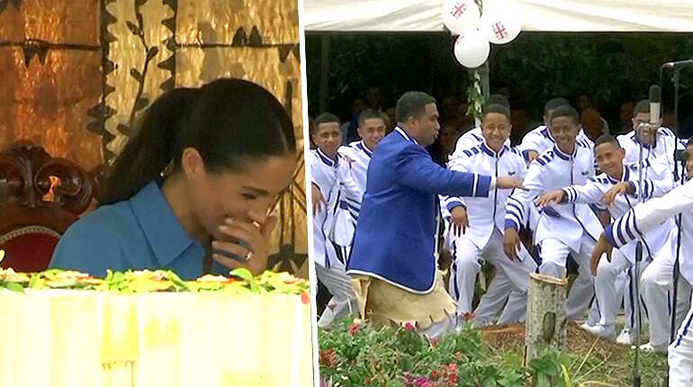 Harry and Meghan in stitches at mosquito song during Tonga tour