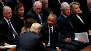 Trump, Hillary give each other cold shoulder at Bush funeral