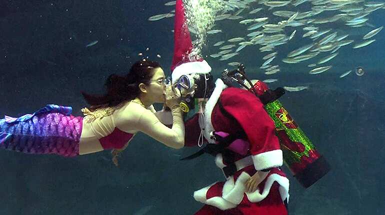 Santa swims with mermaid and fish at Seoul aquarium