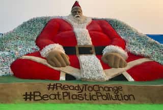 Renowned sand artist Sudarsan Pattnaik attempts world's biggest Santa Claus with plastic bottles