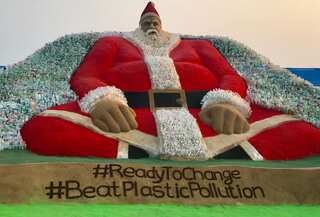 Renowned sand artist Sudarsan Pattnaik attempts world's biggest Santa Claus with plastic bottles