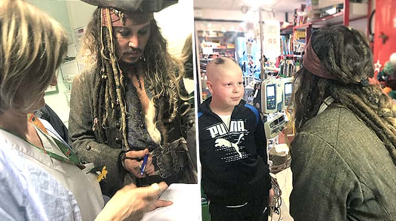 Johnny Depp as Jack Sparrow visits sick children in Paris