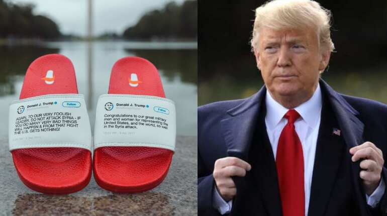 LA based artist makes flip flops with Trump's tweets; sells out in a month