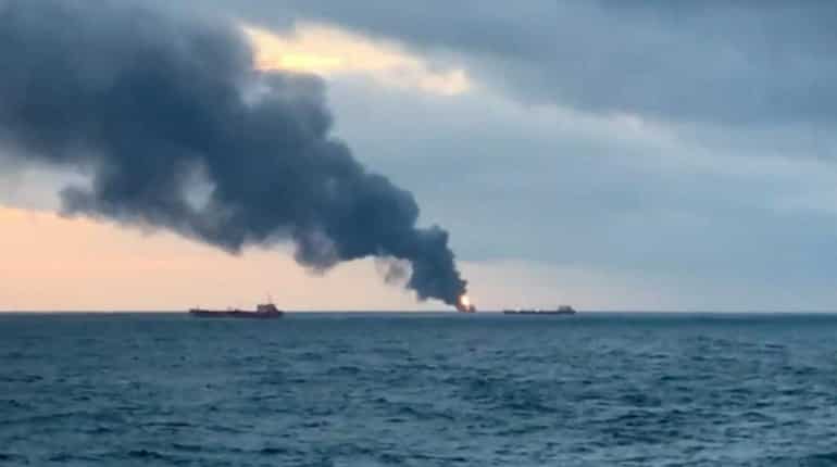 One of 2 ships that caught fire in Crimea was turned away from Russia port over US sanctions