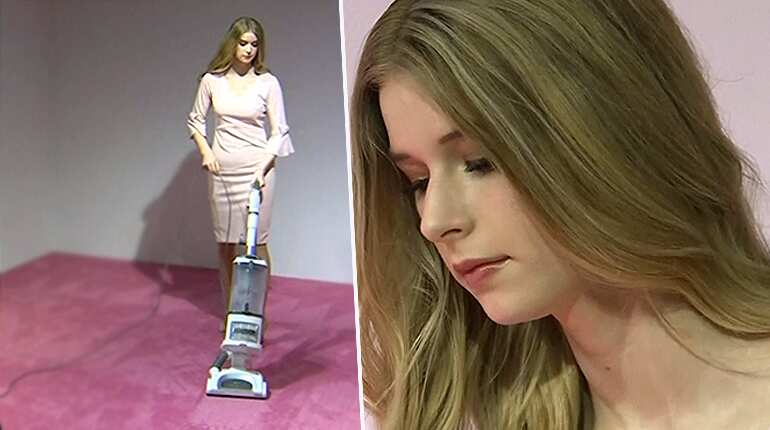 Artwork showing Ivanka lookalike vacuuming breadcrumbs upsets her