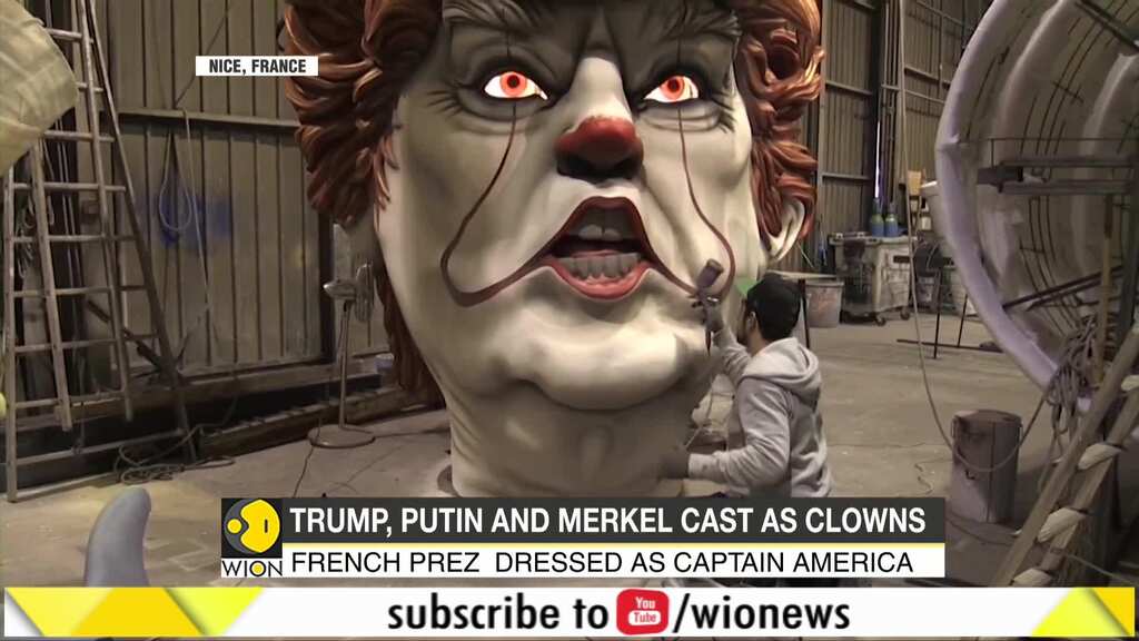 Clown-faced politicians and cinema mix at Nice Carnival