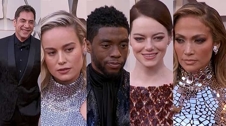 Javier Bardem, Jason Momoa, Emma Stone, Jennier Lopez and Tessa Thompson pose on Oscars carpet