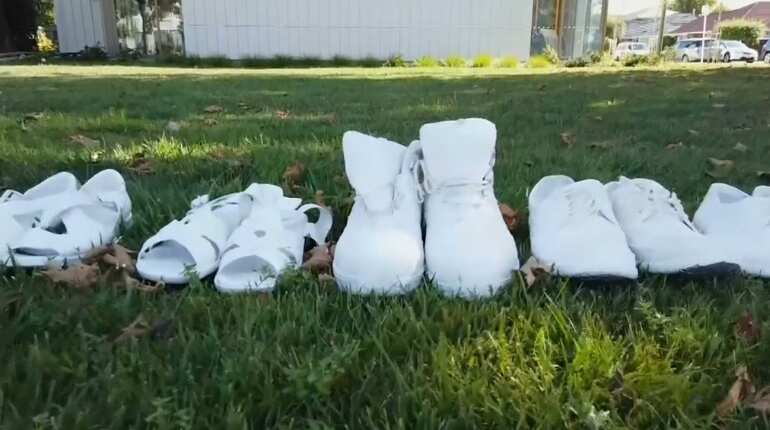 White shoes line church in memory of Christchurch shooting victims