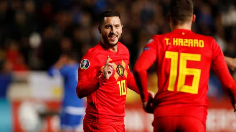 Euro 2020 qualifier: Eden Hazard marks milestone with early goal to help Belgium win