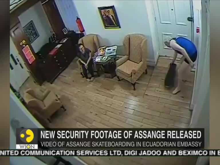 Security footage shows Julian Assange skateboarding inside Ecuador embassy