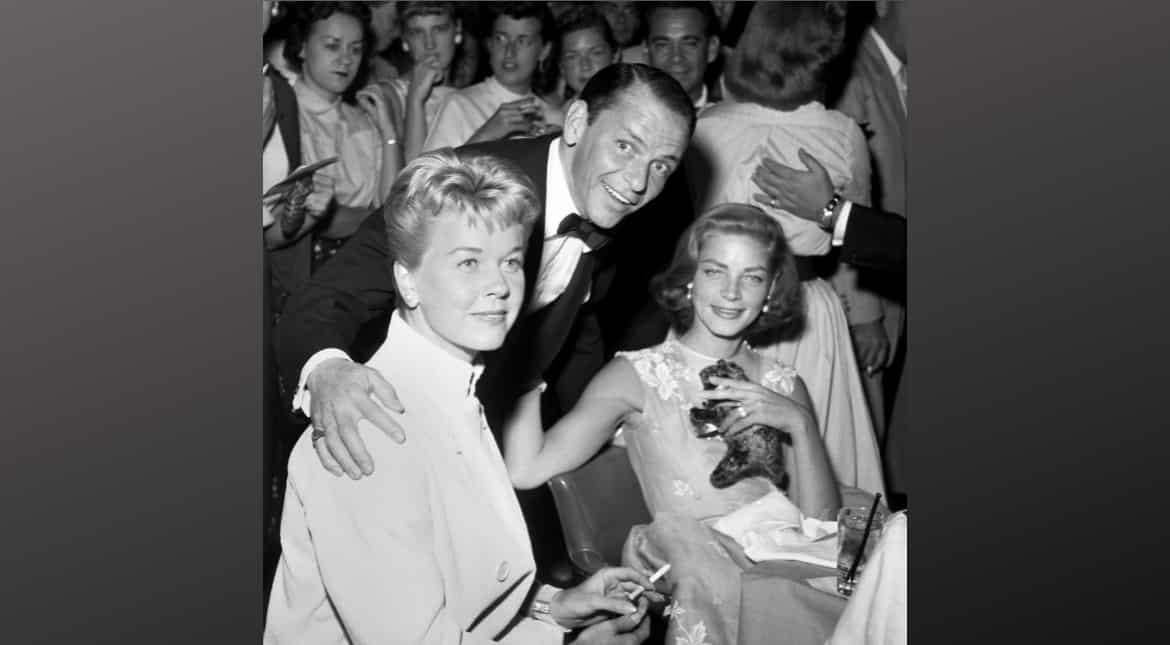 Doris Day, Frank Sinatra and Lauren Bacall pose at the Sands Hotel-Casino in Las Vegas