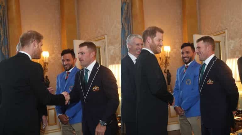 Prince Harry sledges Australian skipper Aaron Finch at Buckingham Palace Prince Harry sledges Australian skipper Aaron Finch at Buckingham Palace
