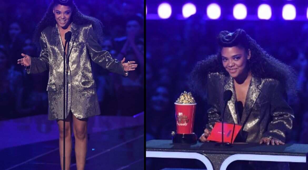 Tessa Thompson presents award at MTV Movie & TV Awards 2019