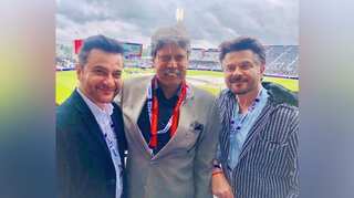 Anil Kapoor and Sanjay Kapoor catch up with Kapil Dev during India-New Zealand cricket match