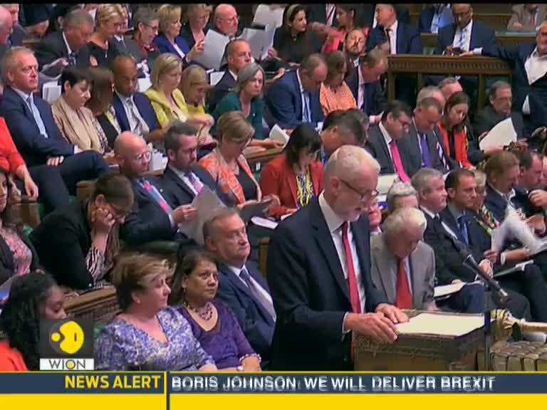 UK PM Boris Johnson addresses during the Brexit showdown at British Parliament