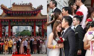 Ninety-nine couples tied the knot together in a mass wedding ceremony at Kuala Lumpur