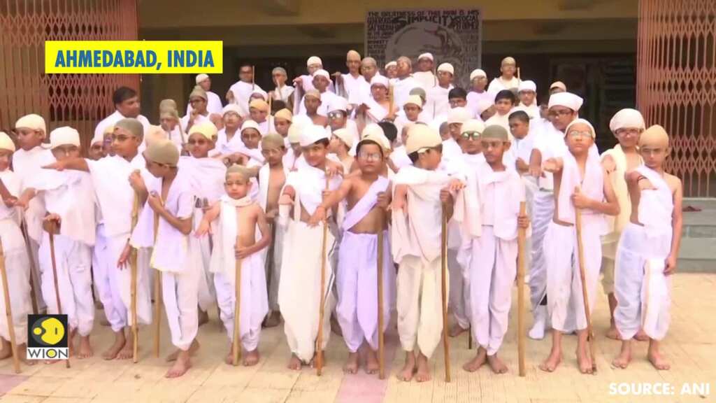 Indian students mark Mahatma Gandhi's birth anniversary with 150 word artwork