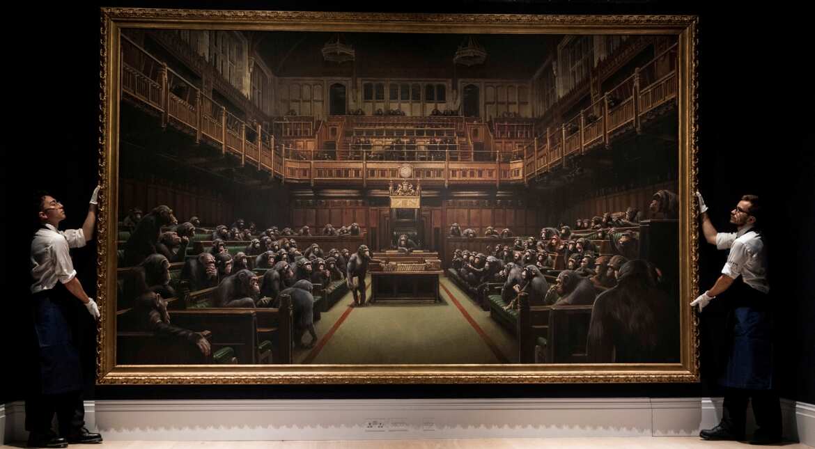Banksy's UK Parliament painting sells for $12 million after a 13-minute bid