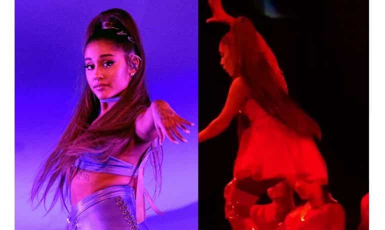 Ariana Grande tumbles down stage during her performance at Amalie Arena Ariana Grande tumbles down stage during her performance at Amalie Arena