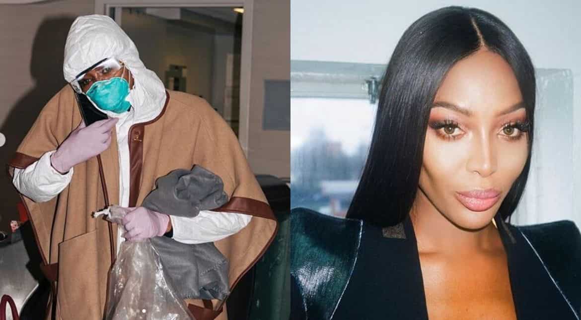 Naomi Campbell wears full hazmat suit and face shield on flight