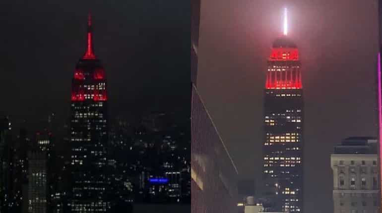 New York's Empire State Building lights up with red and white light amid coronavirus pandemic New York's Empire State Building lights up with red and white light amid coronavirus pandemic