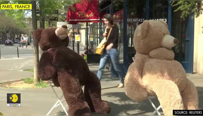 Teddy bears remind Paris of social distancing at newspaper store