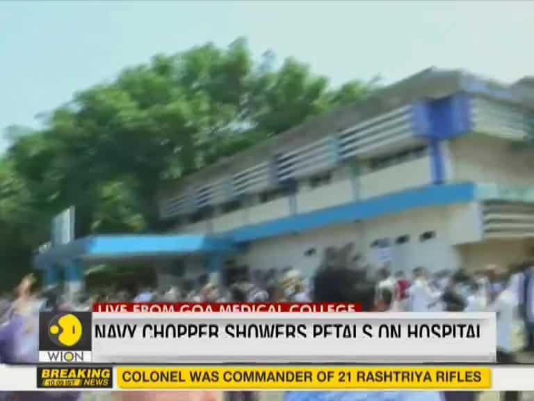 Navy chopper showers rose petals on Goa Medical college