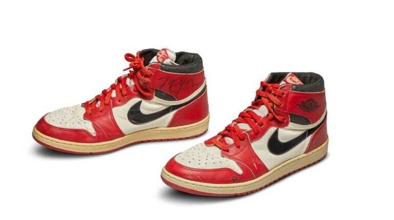 Michael Jordan's first Air Jordan sneakers sold for a record $560,000 at Sotheby's Michael Jordan's first Air Jordan sneakers sold for a record $560,000 at Sotheby's