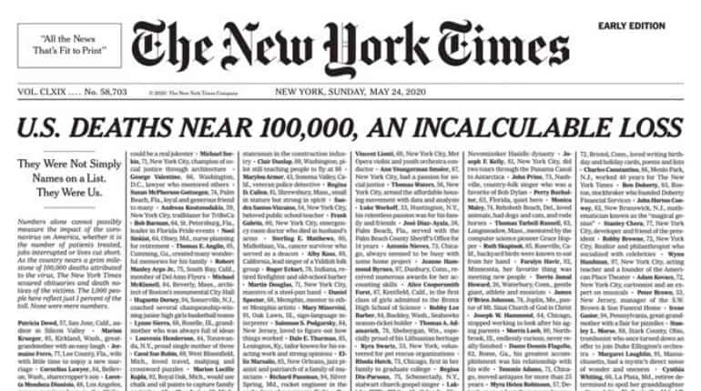The New York Times pays homage by filling entire front page with names of coronavirus victims The New York Times pays homage by filling entire front page with names of coronavirus victims