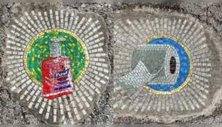 Artholes: Artist covers mundane potholes with pandemic-themed mosaics