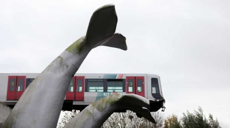 Saved by a Whale's Tale: Tram runs off track, lands on whale statue's tail in the Netherlands