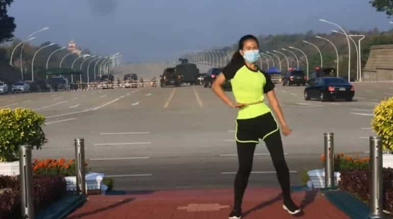 Watch: Aerobics instructor does her routine as Myanmar coup dramatically unfolds behind her