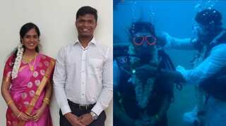 Indian techies perform underwater wedding in traditional Tamil style — clad in dhoti, sari